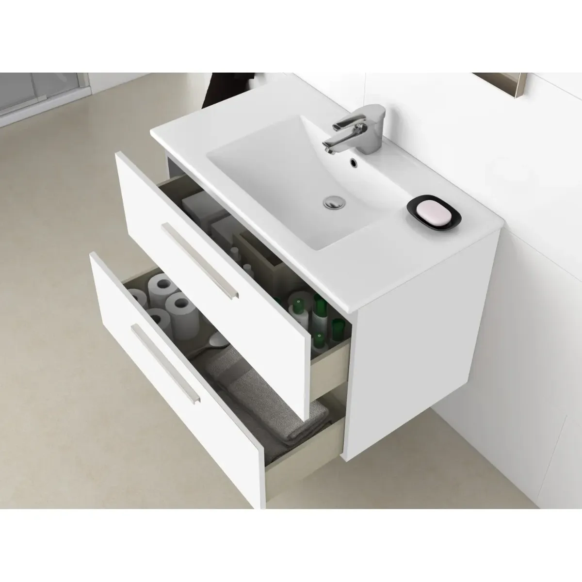 Mobile Mobiletto Bagno Sospeso Con 2 Cassettoni Soft Close E Lavabo in Ceramica Monoforo Con Troppopieno E Specchio Design Moderno Minimal