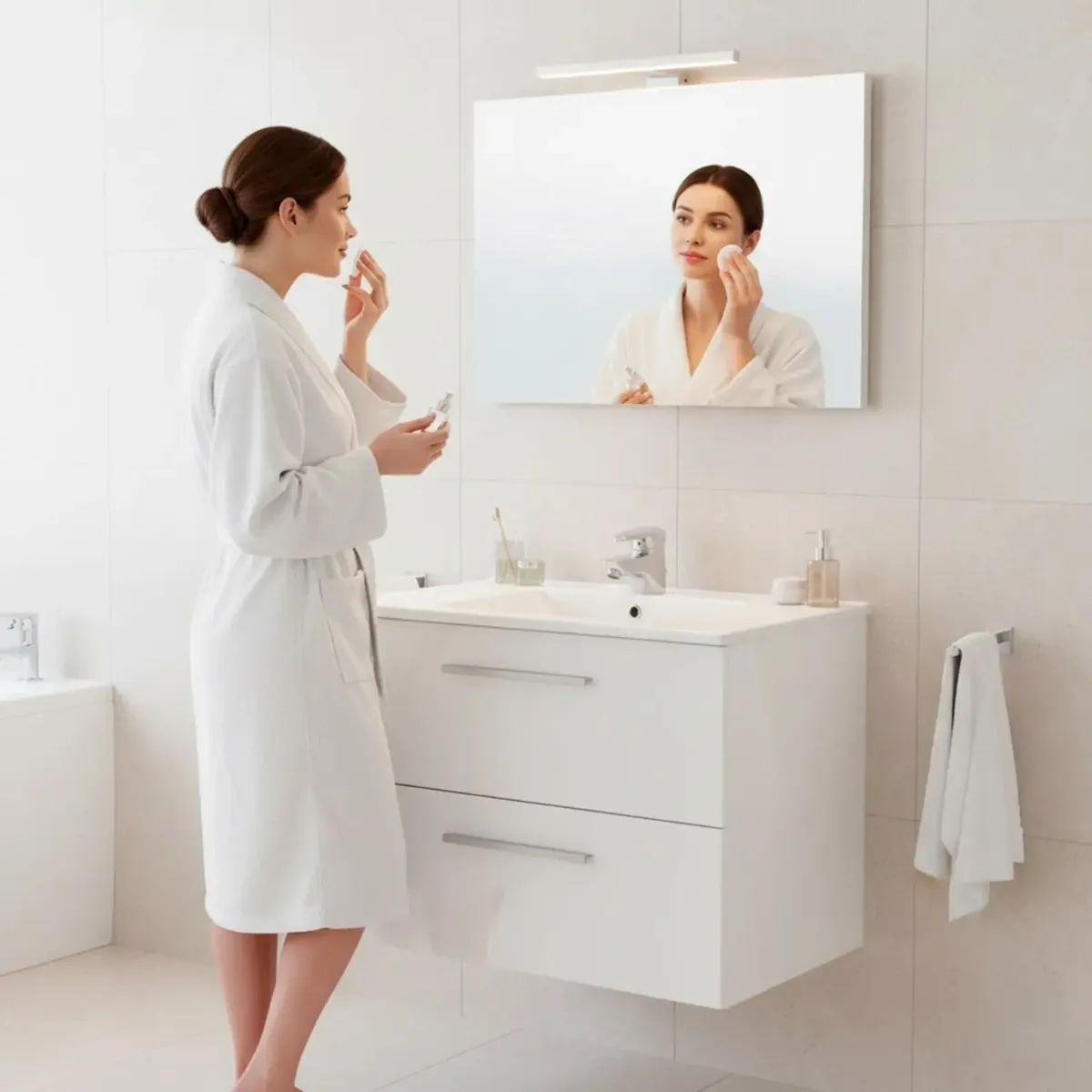 Mobile Mobiletto Bagno Sospeso Con 2 Cassettoni Soft Close Lavabo in Ceramica Monoforo Con Troppopieno E Specchio Con Led Da 45 Cm Design Moderno 80 x 45 x 57