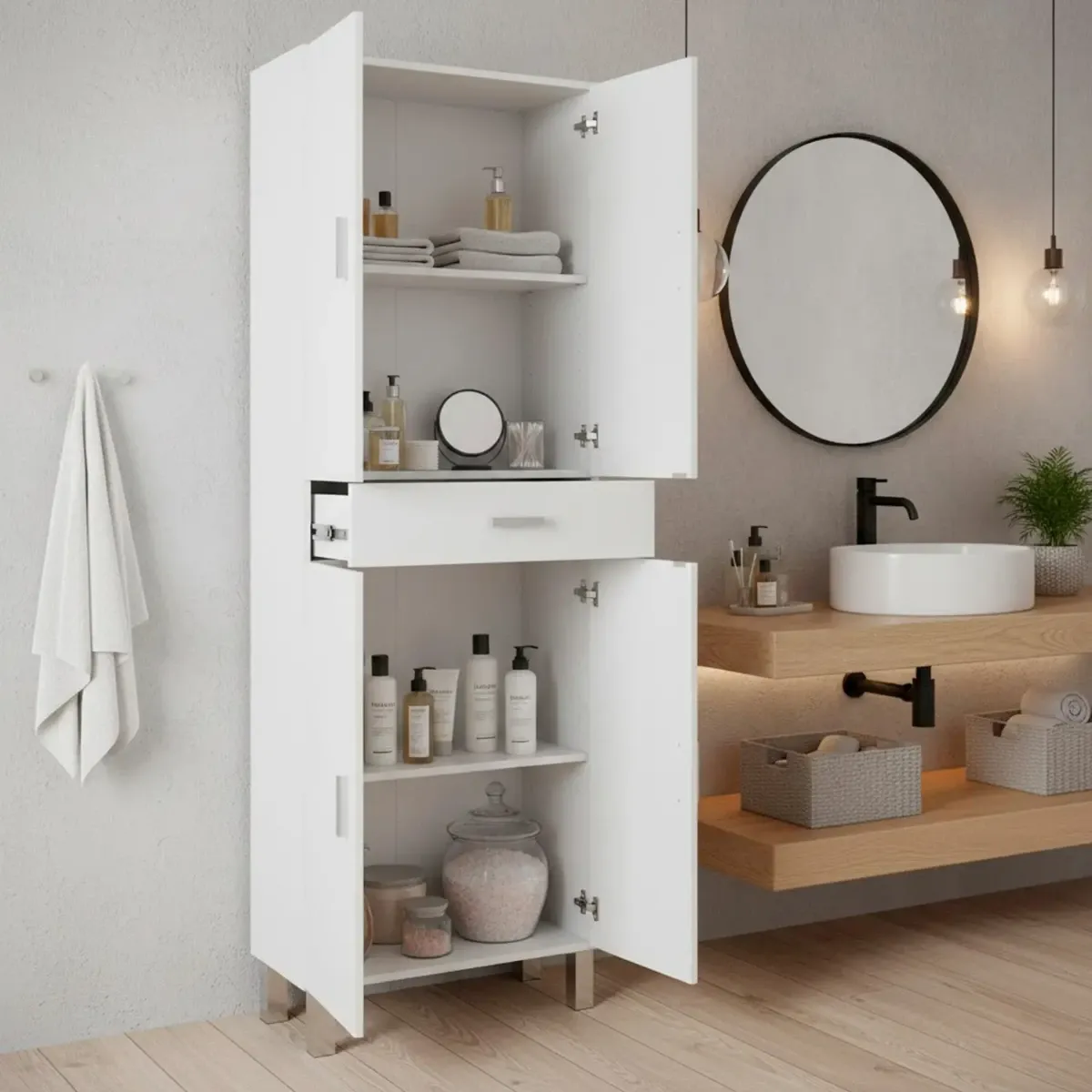 Colonna Bagno Con 4 Ante 4 Ripiani E Cassetto Mobile Alto Moderno Salvaspazio Con Mensole Regolabili Design Elegante Minimal Per Bagno Lavanderia Ripostiglio