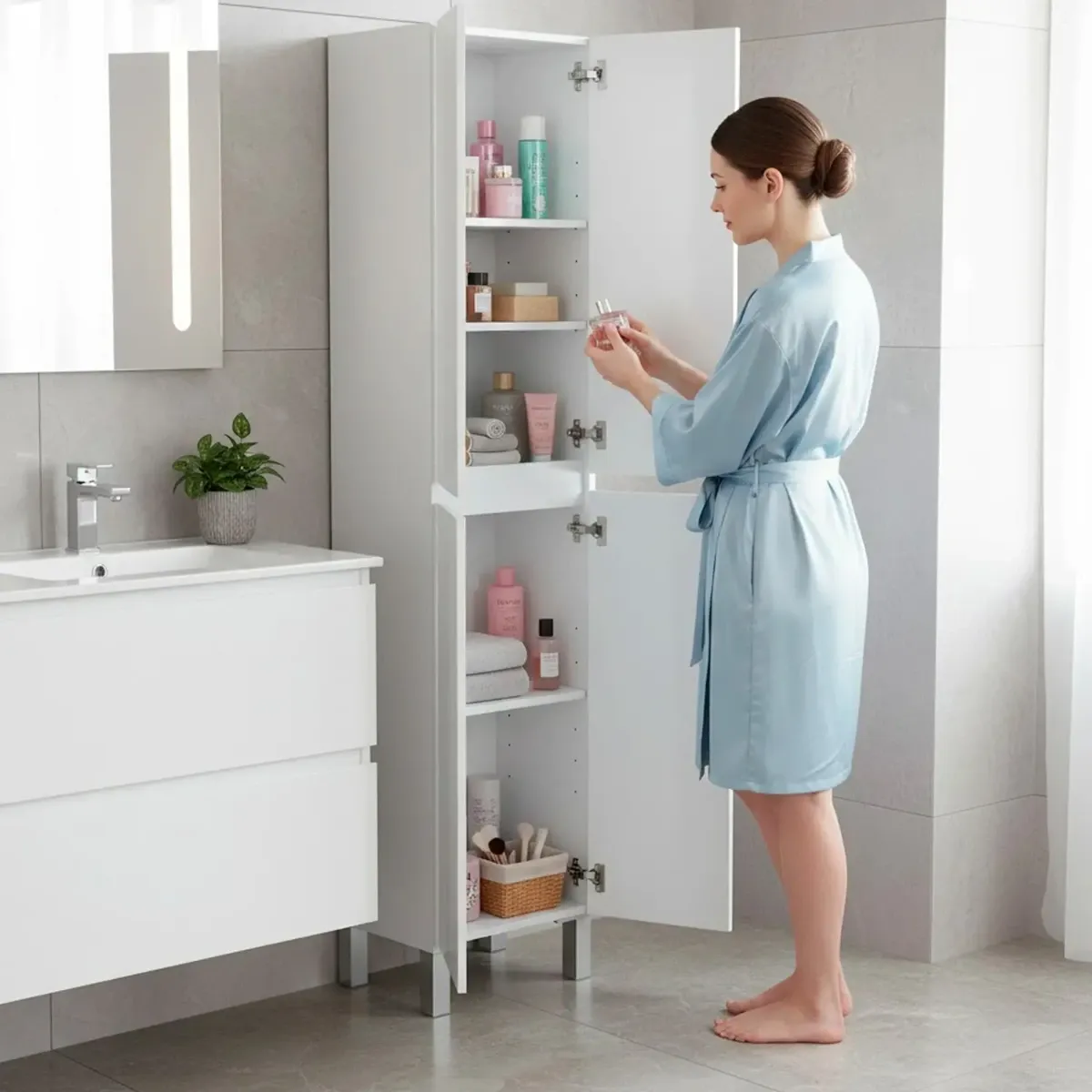 Colonna Bagno 4 Ante Con Ripiani Regolabili Mobile Alto Salvaspazio Design Moderno Elegante Ideale Per Bagno Lavanderia Ripostiglio