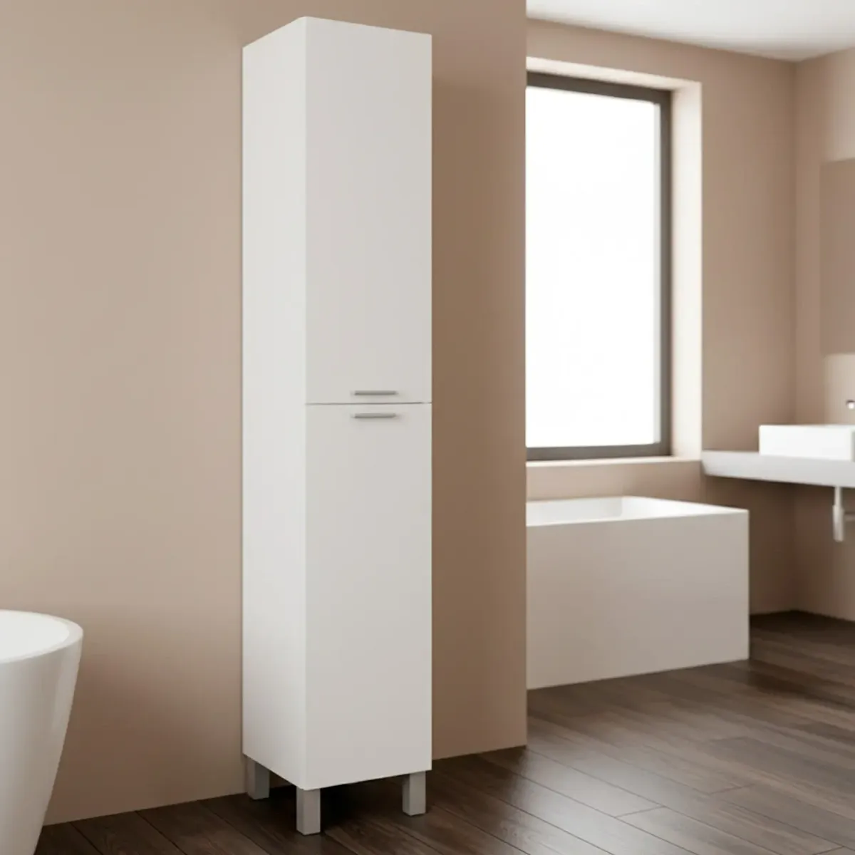 Colonna Armadio Da Bagno Con Doppia Anta E 4 Ripiani Mobile Alto Salvaspazio Armadietto In Melaminico Chiusura Ammortizzata Lavanderia