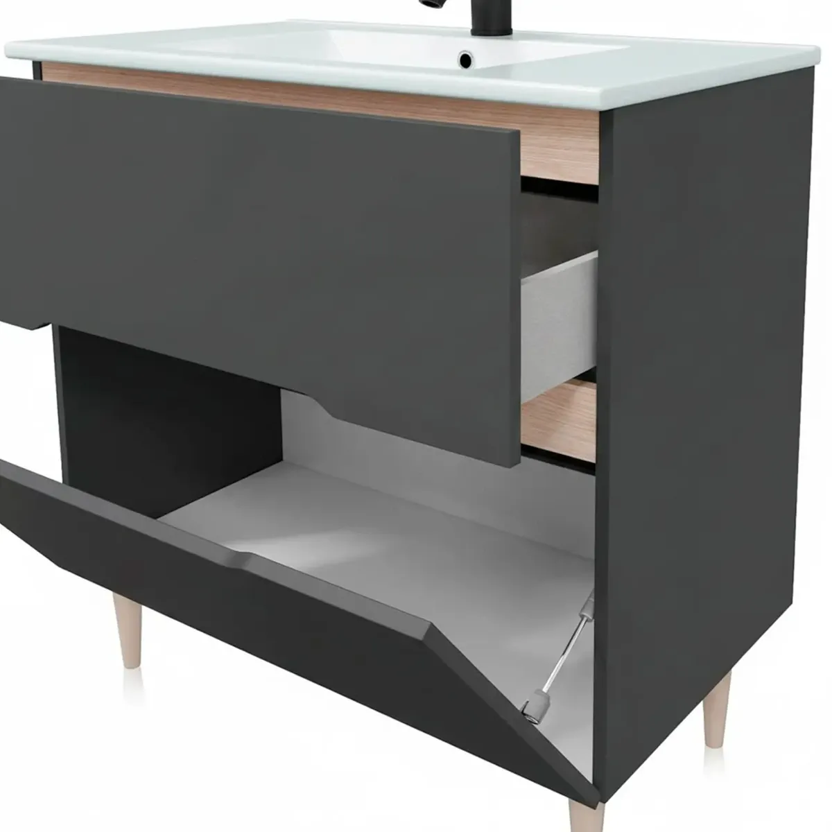 Mobile Bagno A Terra Con Lavabo In Ceramica E Specchio Inclusi 1 Cassetto Soft Close E 1 Anta A Vasistas Design Moderno Salvaspazio 80 x 45 x 80 Cm