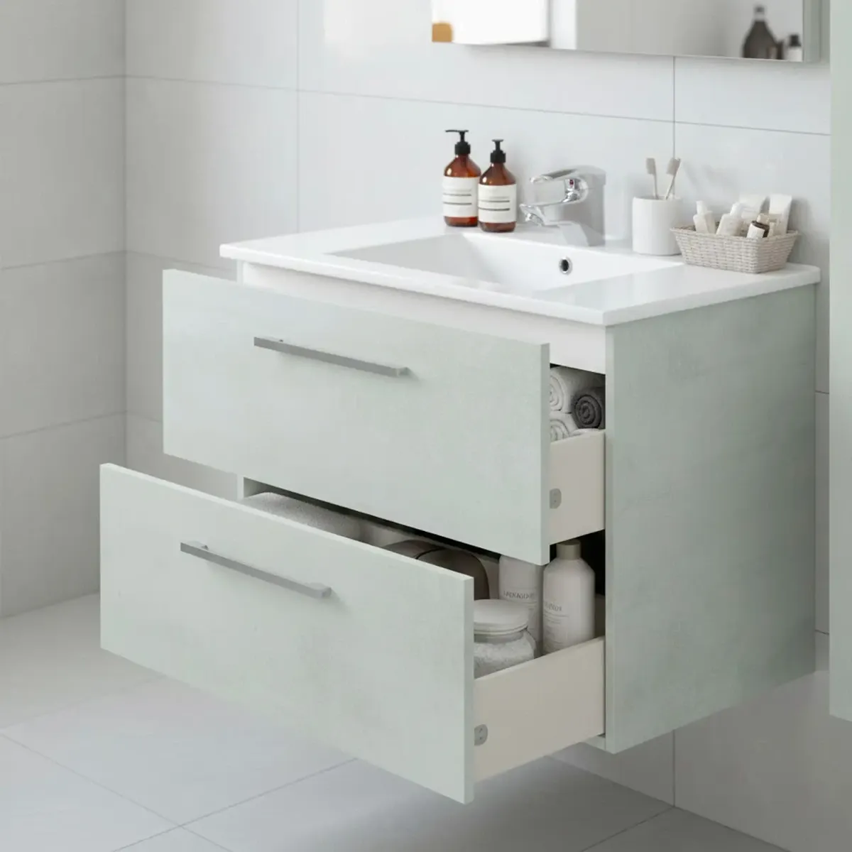 Mobile Mobiletto Bagno Sospeso Con 2 Cassettoni Soft Close Con Lavandino Lavabo In Ceramica Specchio E Led Da 45 Cm Design Moderno Nordico 57 x 80 x 45 Cm