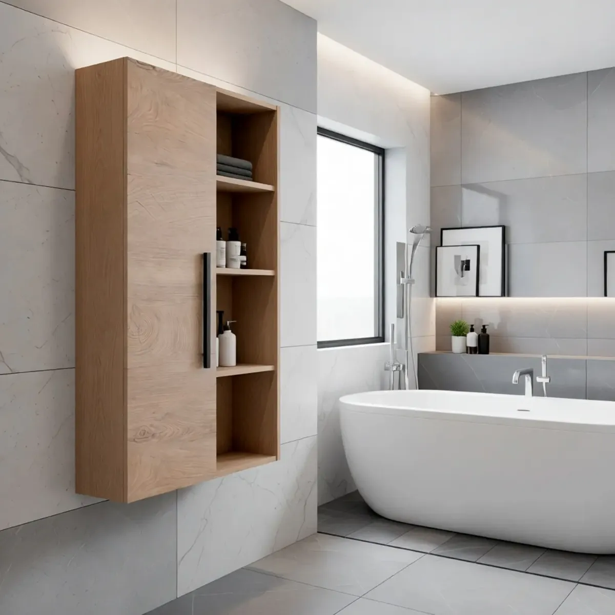 Colonna Sospesa Multiuso Con 1 Anta E 5 Vani A Giorno Mobile Armadietto Bagno Pensile Salvaspazio In Melaminico Chiusura Assistita E Ripiani Interni Design Moderno