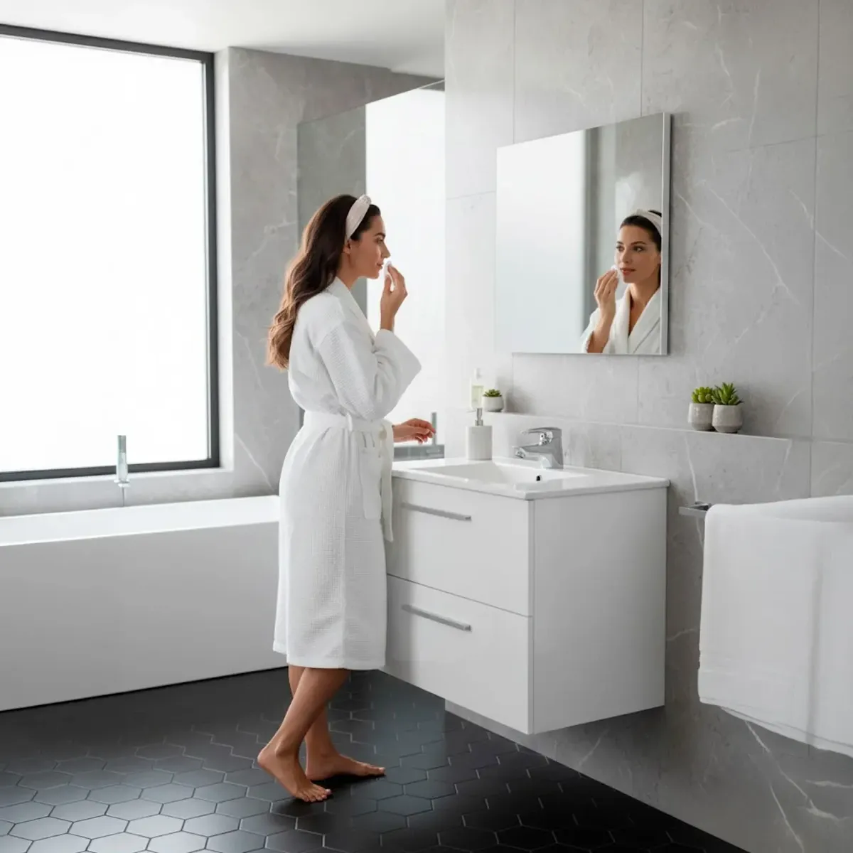 Mobile Mobiletto Bagno Sospeso Con 2 Cassettoni Soft Close E Lavabo in Ceramica Monoforo Con Troppopieno E Specchio Design Moderno Minimal