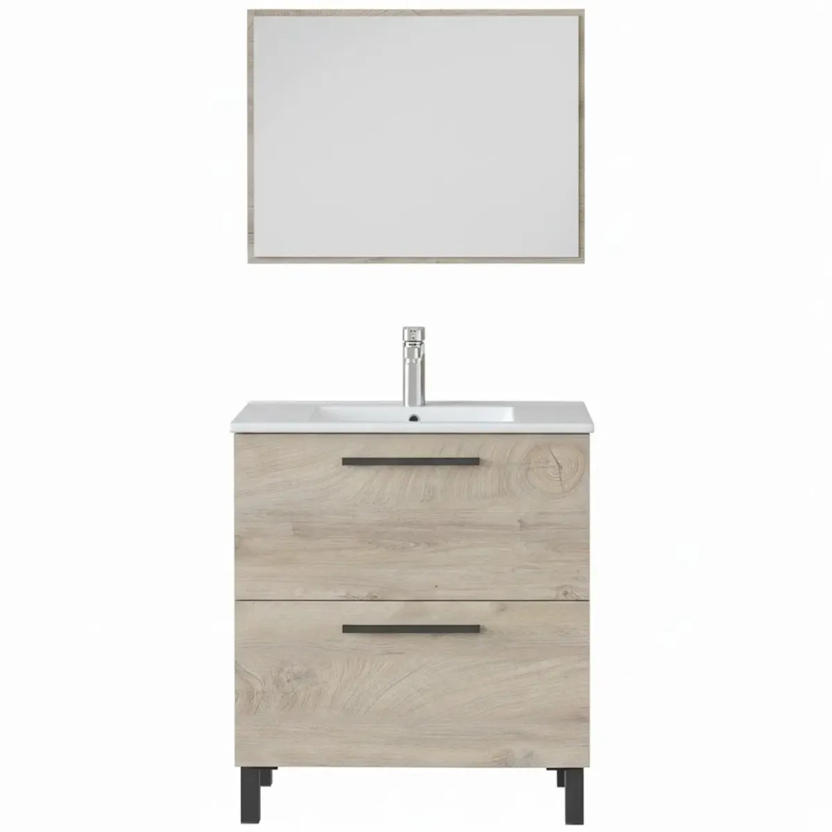 Mobile Bagno A Terra Con 2 Cassettoni Soft Close E Lavabo In Ceramica E Specchio Inclusi Con Foro Troppopieno E Maniglie ABS Design Moderno