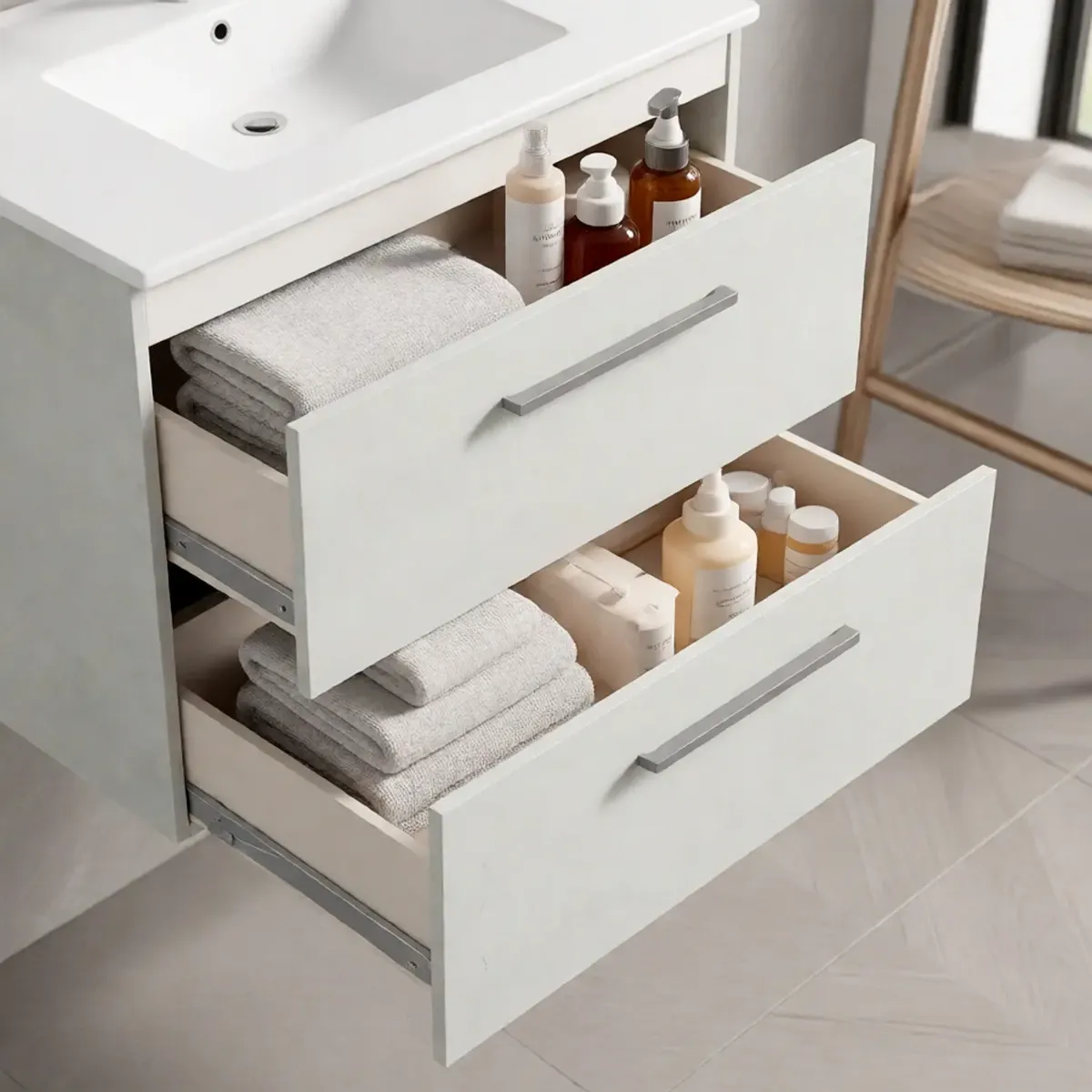 Mobile Mobiletto Bagno Sospeso Con 2 Cassettoni Soft Close Con Lavandino Lavabo In Ceramica Specchio E Led Da 30 Cm Design Moderno Nordico 57 x 80 x 45 Cm