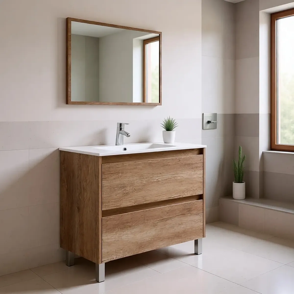 Mobile Bagno A Terra Con Lavabo In Ceramica E Specchio Coordinato Mobiletto Con Lavandino E 2 Cassettoni Ammortizzati Design Minimal