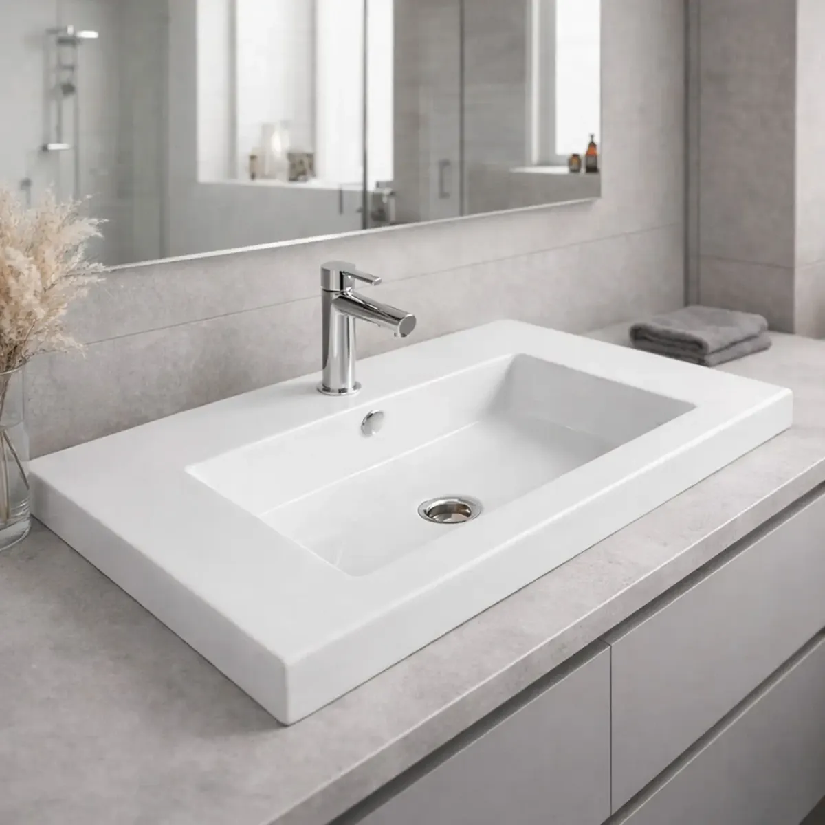 Lavabo Da Incasso Rettangolare Lavandino Bagno In Ceramica Design Moderno Elegante Per Top Bagno 101 x 36 cm