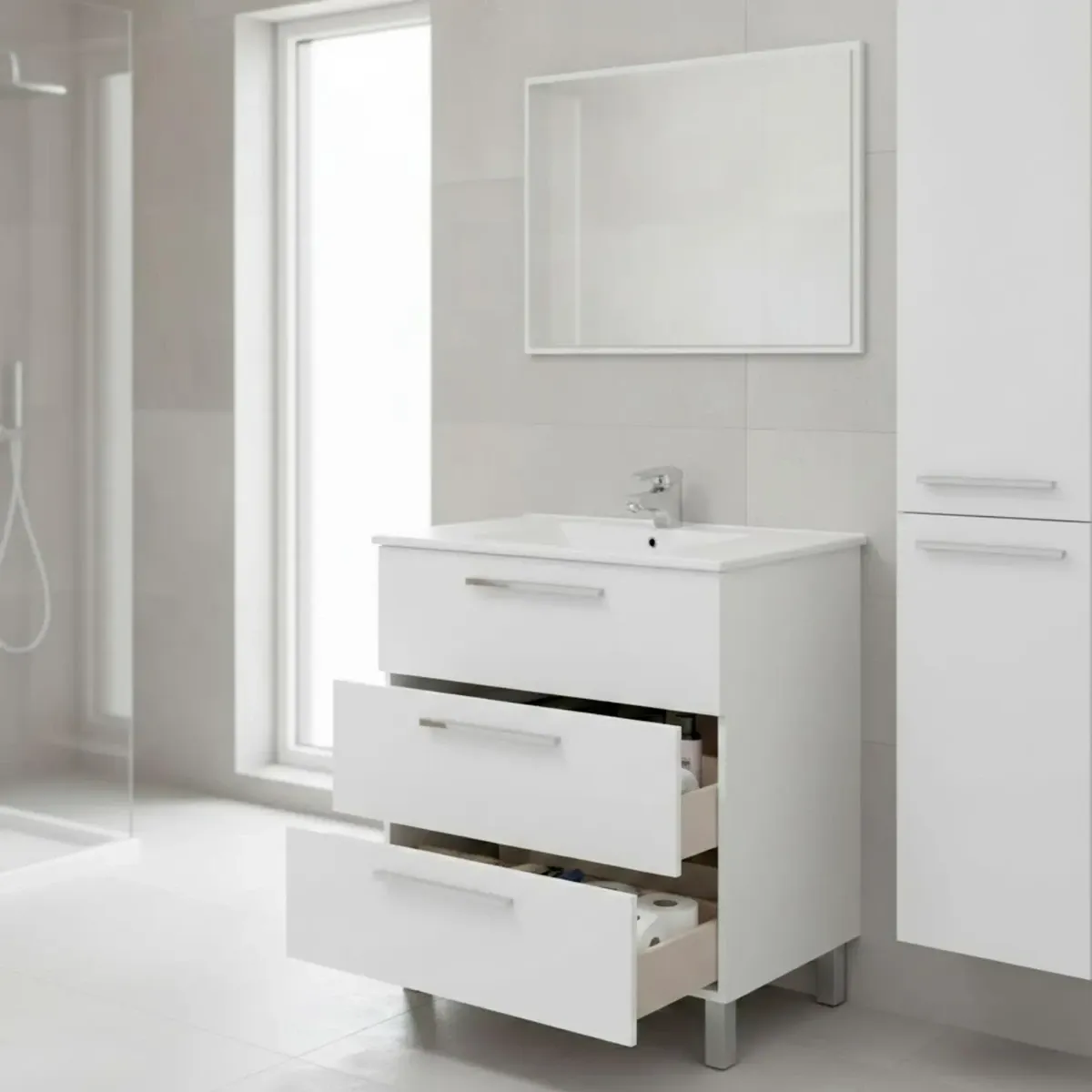 Mobile Bagno A Terra Con 3 Cassetti Lavabo In Ceramica E Specchio 77 x 50 Cm Inclusi Design Moderno Salvaspazio Elegante E Funzionale 80 x 45 x 86 Cm