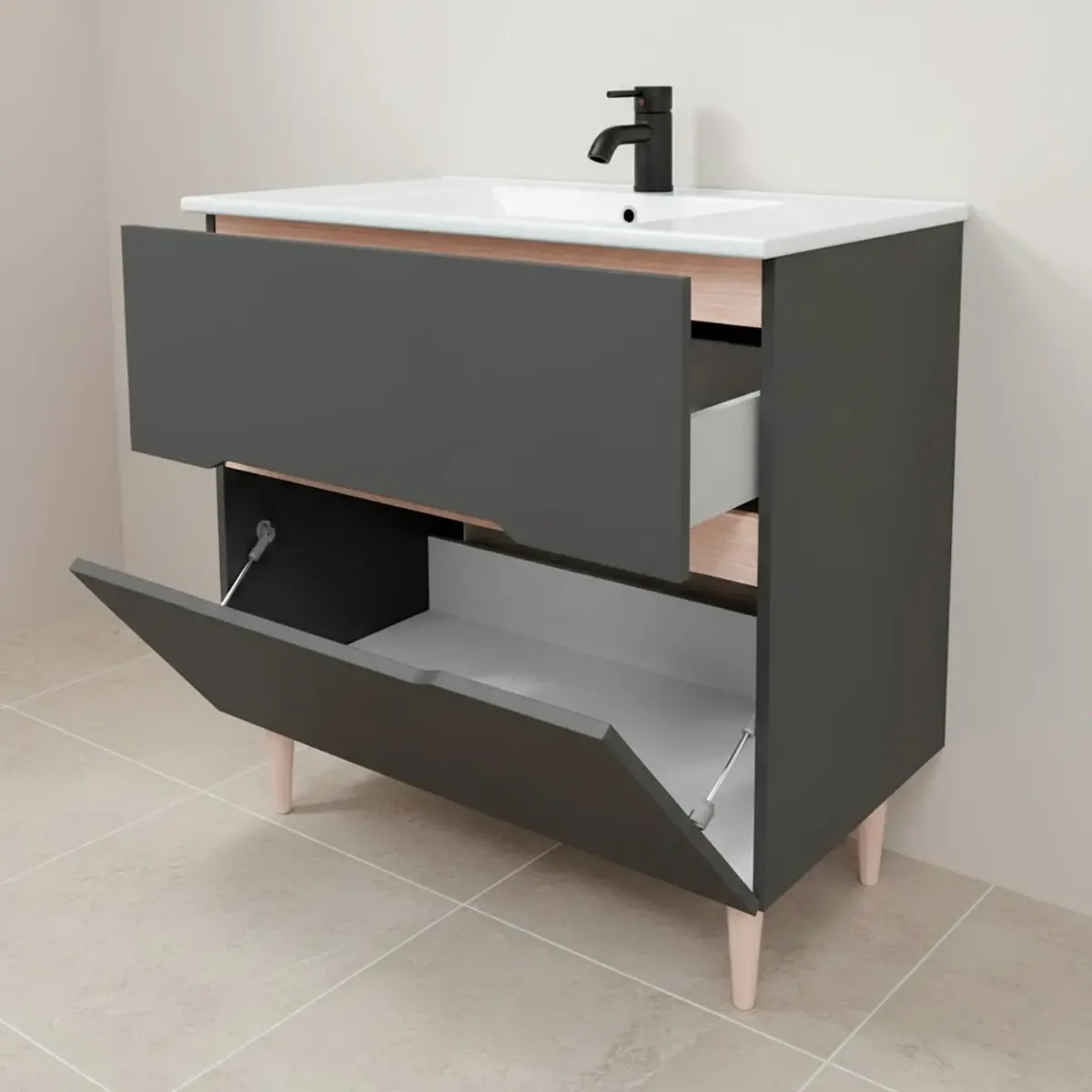 Mobile Bagno A Terra Con Lavabo In Ceramica E Specchio Inclusi 1 Cassetto Soft Close E 1 Anta A Vasistas Design Moderno Salvaspazio 80 x 45 x 80 Cm
