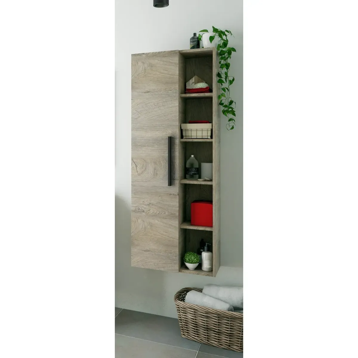 Colonna Sospesa Multiuso Con 1 Anta E 5 Vani A Giorno Mobile Armadietto Bagno Pensile Salvaspazio In Melaminico Chiusura Assistita E Ripiani Interni Design Moderno