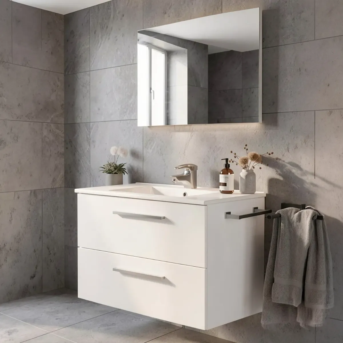 Mobile Mobiletto Bagno Sospeso Con 2 Cassettoni Soft Close E Lavabo in Ceramica Monoforo Con Troppopieno E Specchio Design Moderno Minimal