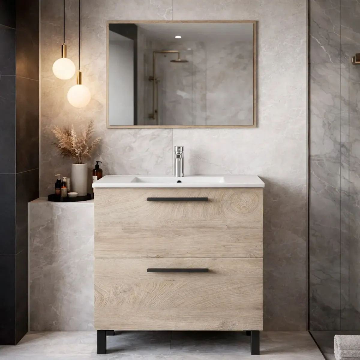 Mobile Bagno A Terra Con 2 Cassettoni Soft Close E Lavabo In Ceramica E Specchio Inclusi Con Foro Troppopieno E Maniglie ABS Design Moderno