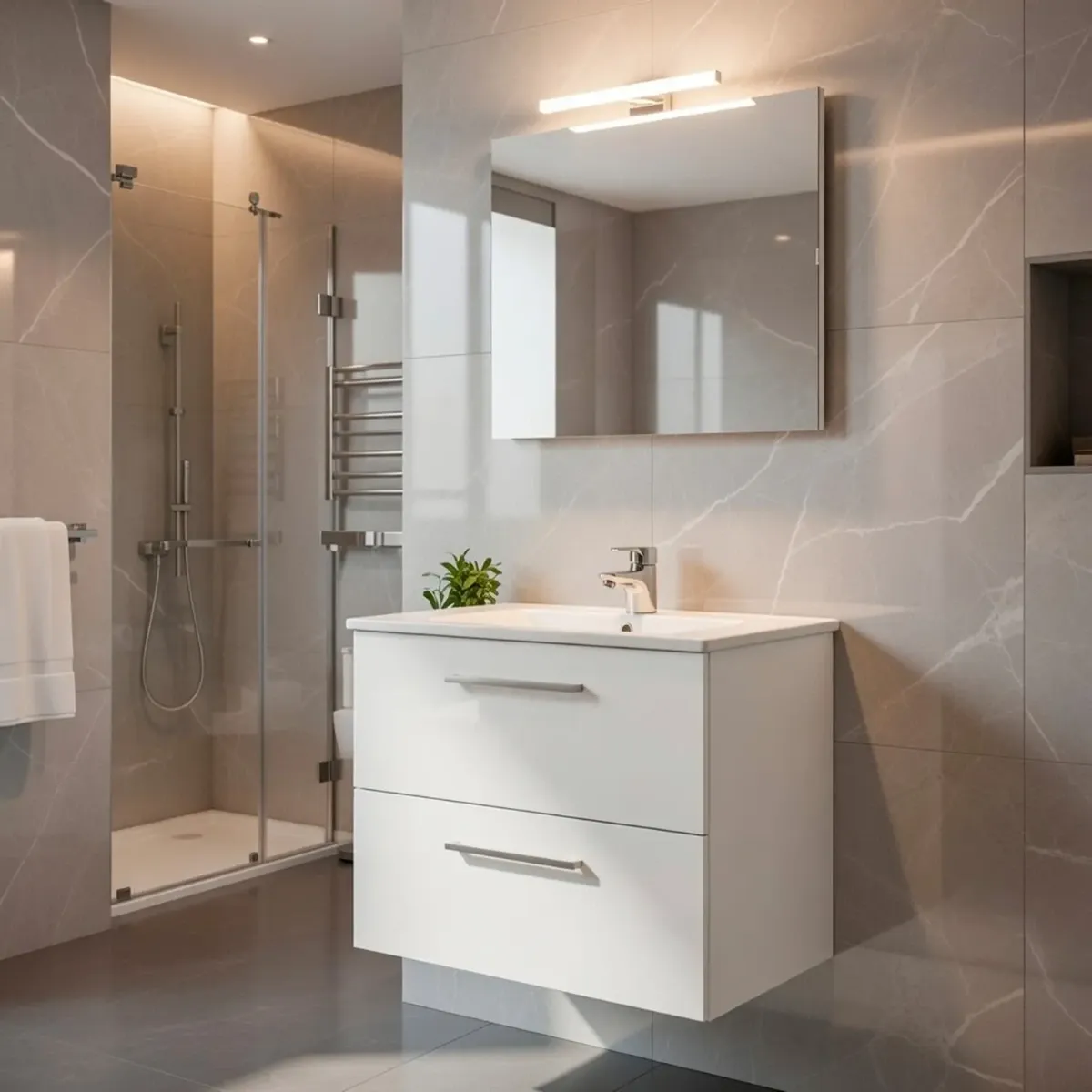 Mobile Mobiletto Bagno Sospeso Con 2 Cassettoni Soft Close Lavabo in Ceramica Monoforo Con Troppopieno E Specchio Con Led Da 45 Cm Design Moderno 80 x 45 x 57