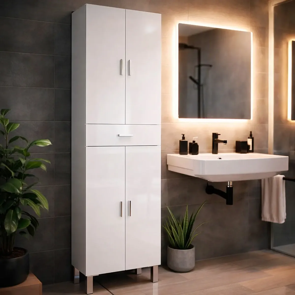 Colonna Bagno Con 4 Ante 4 Ripiani E Cassetto Mobile Alto Moderno Salvaspazio Con Mensole Regolabili Design Elegante Minimal Per Bagno Lavanderia Ripostiglio