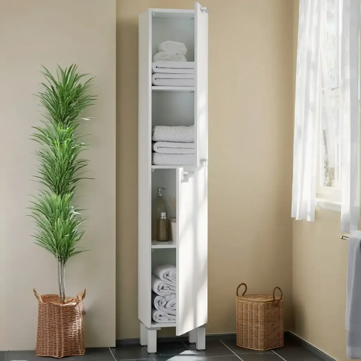 Colonna Armadio Da Bagno Con Doppia Anta E 4 Ripiani Mobile Alto Salvaspazio Armadietto In Melaminico Chiusura Ammortizzata Lavanderia