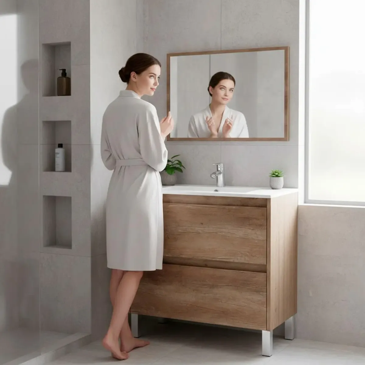 Mobile Bagno A Terra Con Lavabo In Ceramica E Specchio Coordinato Mobiletto Con Lavandino E 2 Cassettoni Ammortizzati Design Minimal