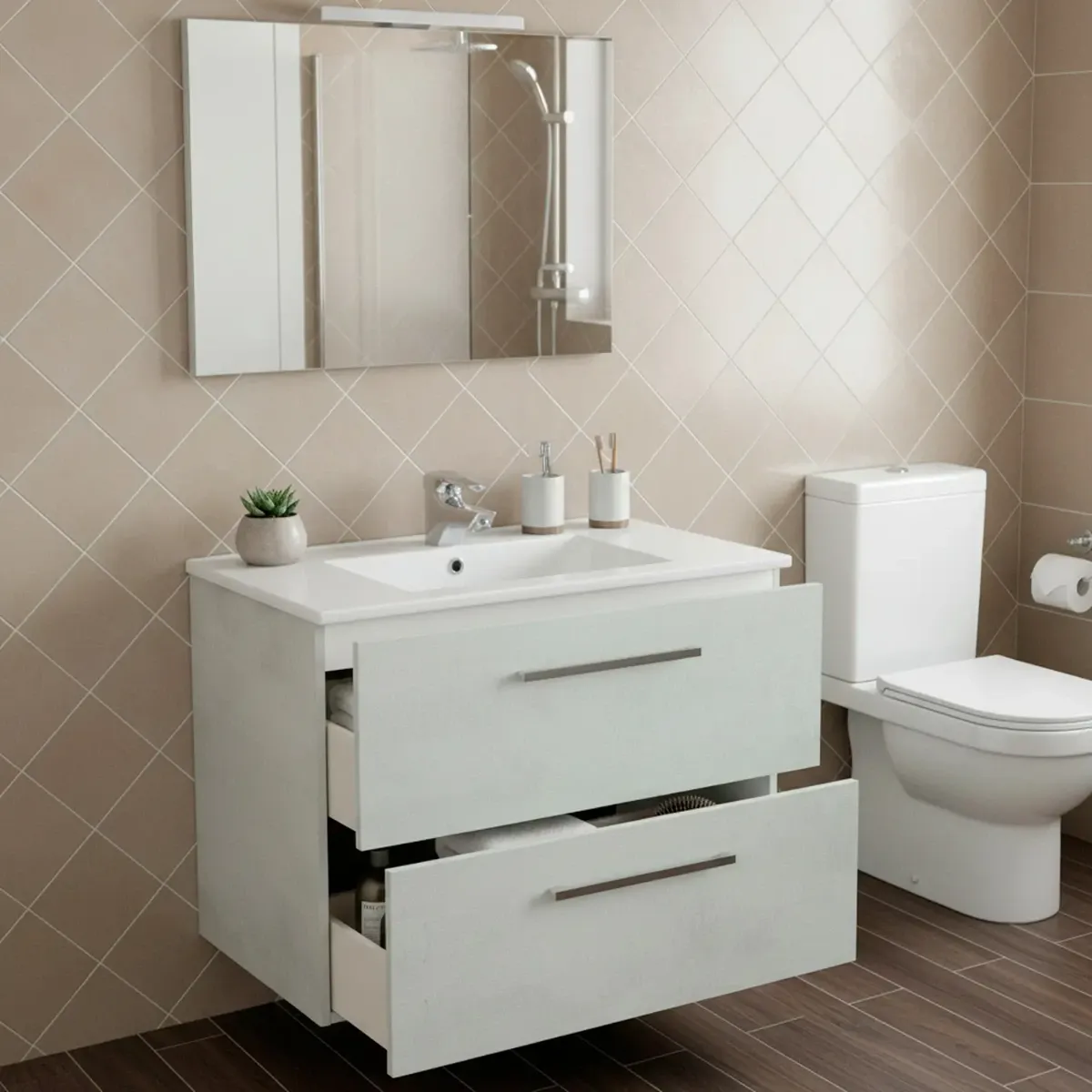 Mobile Mobiletto Bagno Sospeso Con 2 Cassettoni Soft Close Con Lavandino Lavabo In Ceramica Specchio E Led Da 45 Cm Design Moderno Nordico 57 x 80 x 45 Cm