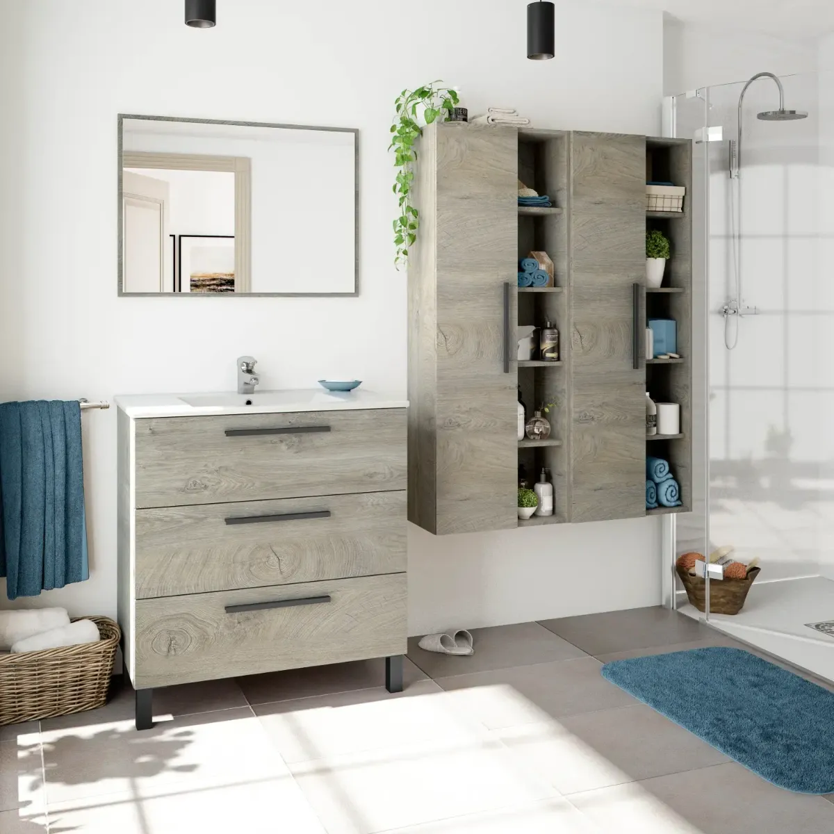 Colonna Sospesa Multiuso Con 1 Anta E 5 Vani A Giorno Mobile Armadietto Bagno Pensile Salvaspazio In Melaminico Chiusura Assistita E Ripiani Interni Design Moderno