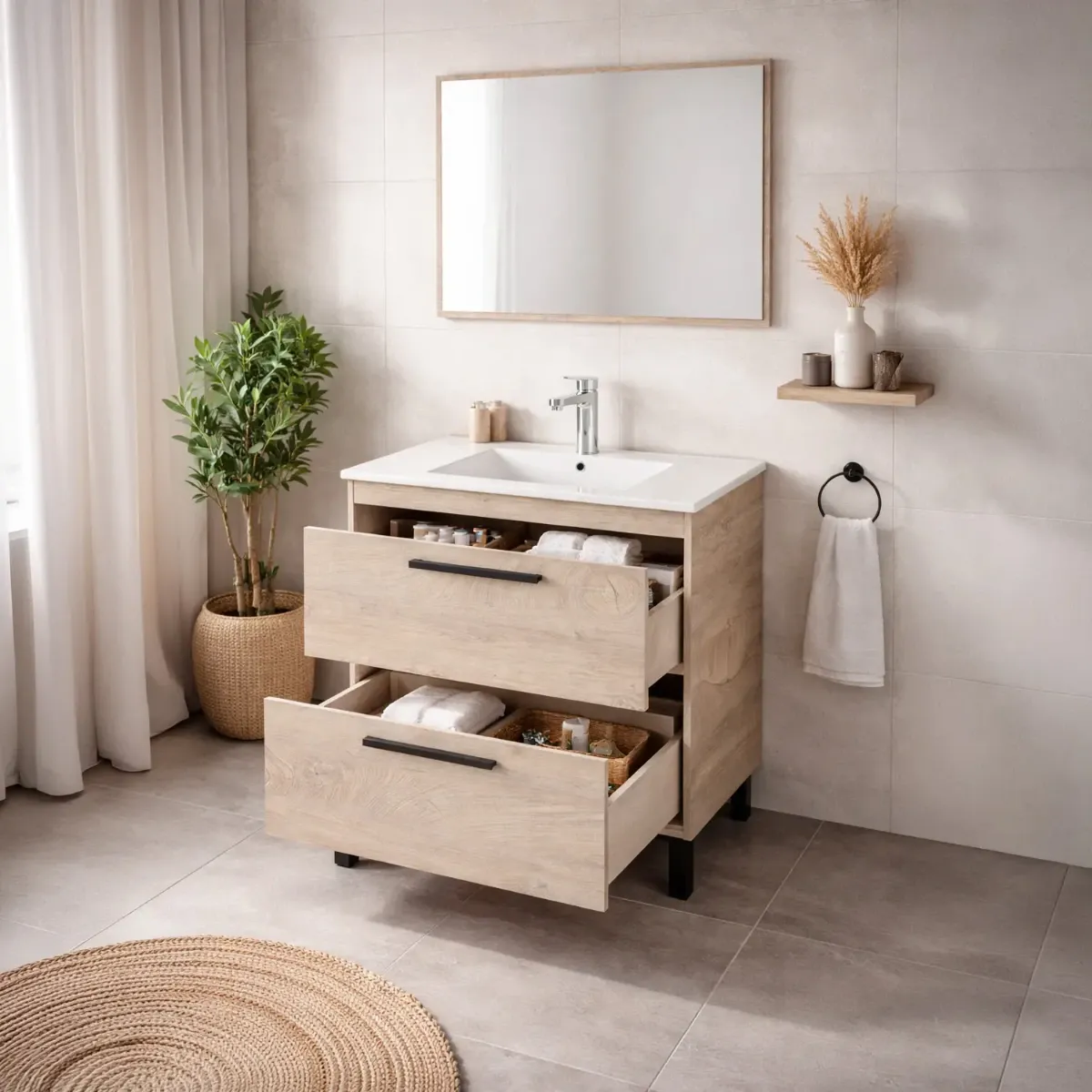 Mobile Bagno A Terra Con 2 Cassettoni Soft Close E Lavabo In Ceramica E Specchio Inclusi Con Foro Troppopieno E Maniglie ABS Design Moderno