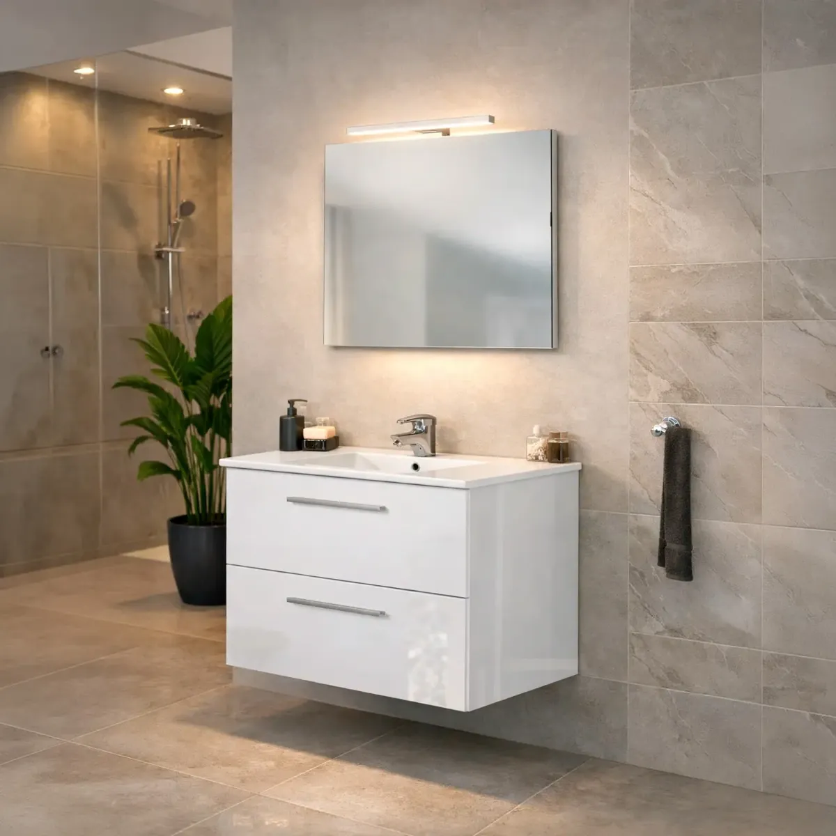 Mobile Mobiletto Bagno Sospeso Con 2 Cassettoni Soft Close Lavabo in Ceramica Monoforo Con Troppopieno E Specchio Con Led Da 45 Cm Design Moderno 80 x 45 x 57