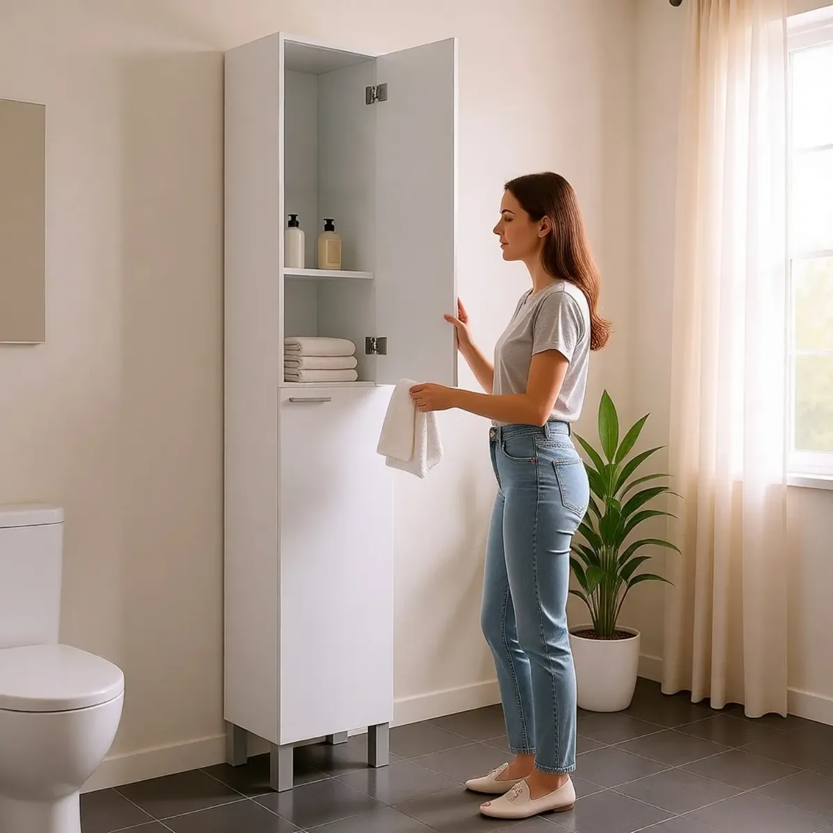 Colonna Armadio Da Bagno Con Doppia Anta E 4 Ripiani Mobile Alto Salvaspazio Armadietto In Melaminico Chiusura Ammortizzata Lavanderia