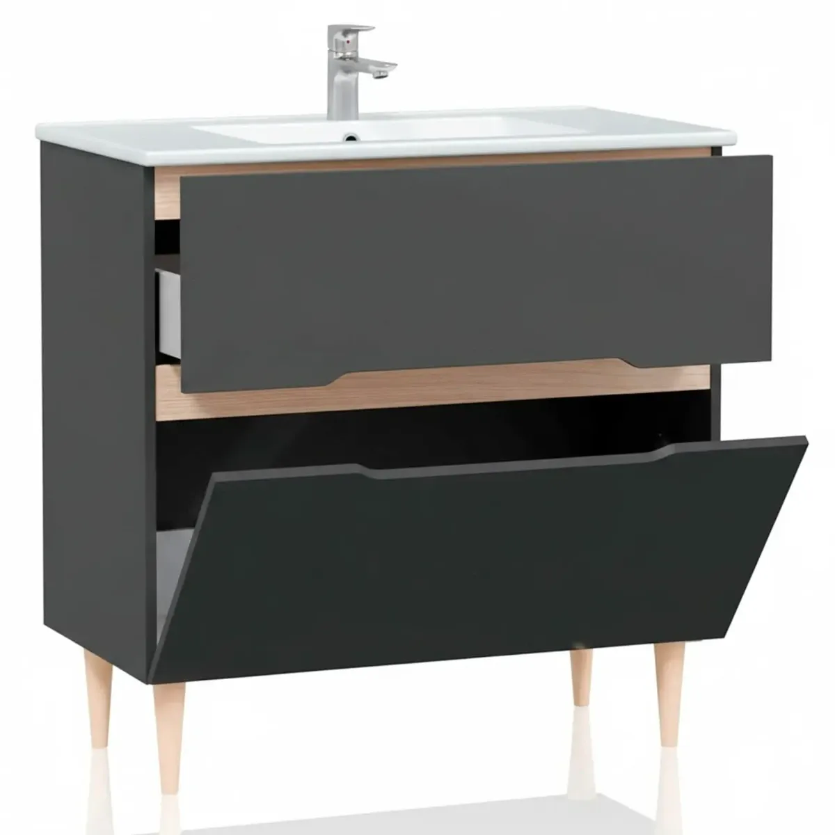 Mobile Bagno A Terra Con Lavabo In Ceramica E Specchio Inclusi 1 Cassetto Soft Close E 1 Anta A Vasistas Design Moderno Salvaspazio 80 x 45 x 80 Cm