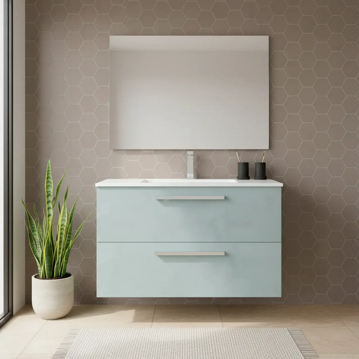 Mobile Mobiletto Bagno Sospeso Con 2 Cassettoni Soft Close Con Lavandino Lavabo In Ceramica E Specchio Design Moderno Nordico 57 x 80 x 45 Cm
