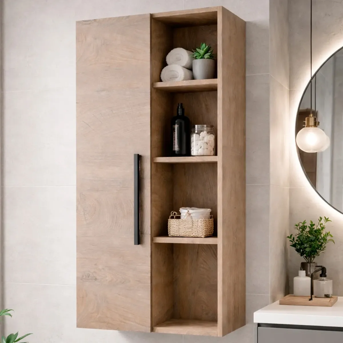 Colonna Sospesa Multiuso Con 1 Anta E 5 Vani A Giorno Mobile Armadietto Bagno Pensile Salvaspazio In Melaminico Chiusura Assistita E Ripiani Interni Design Moderno