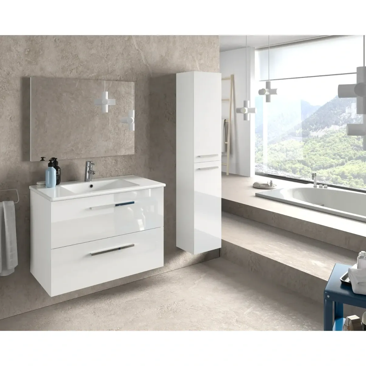 Mobile Mobiletto Bagno Sospeso Con 2 Cassettoni Soft Close E Lavabo in Ceramica Monoforo Con Troppopieno E Specchio Design Moderno Minimal