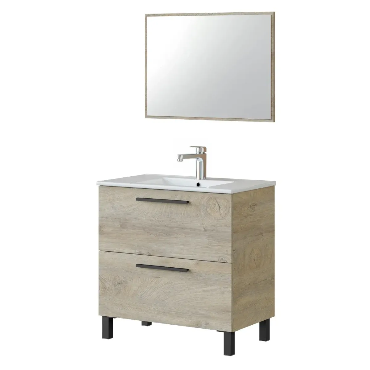 Mobile Bagno A Terra Con 2 Cassettoni Soft Close E Lavabo In Ceramica E Specchio Inclusi Con Foro Troppopieno E Maniglie ABS Design Moderno