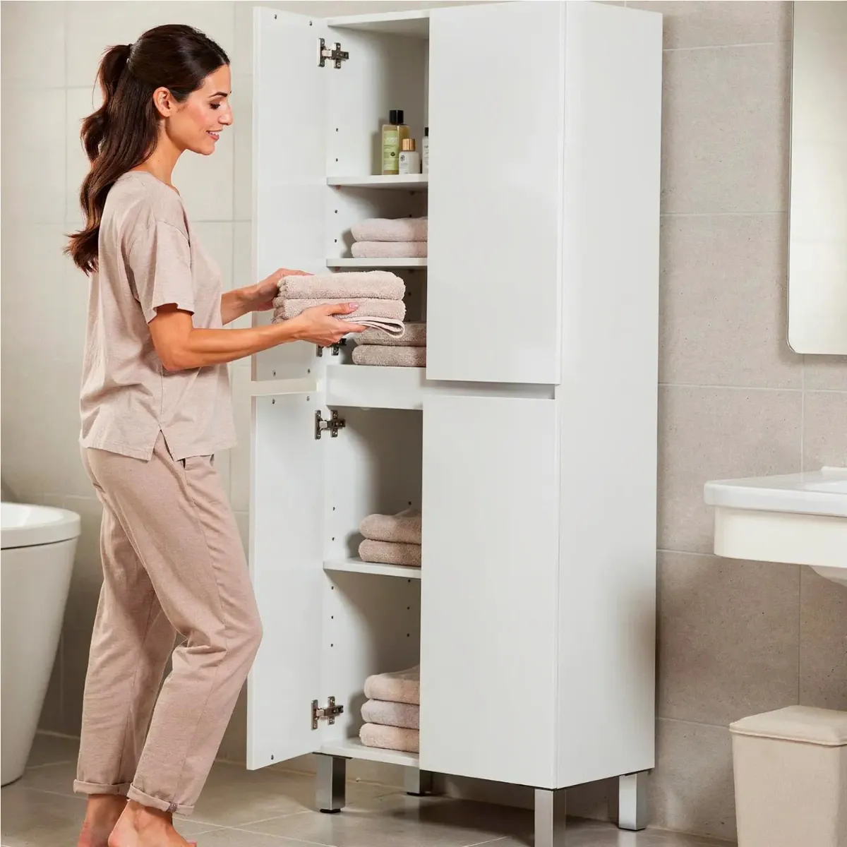 Colonna Bagno 4 Ante Con Ripiani Regolabili Mobile Alto Salvaspazio Design Moderno Elegante Ideale Per Bagno Lavanderia Ripostiglio