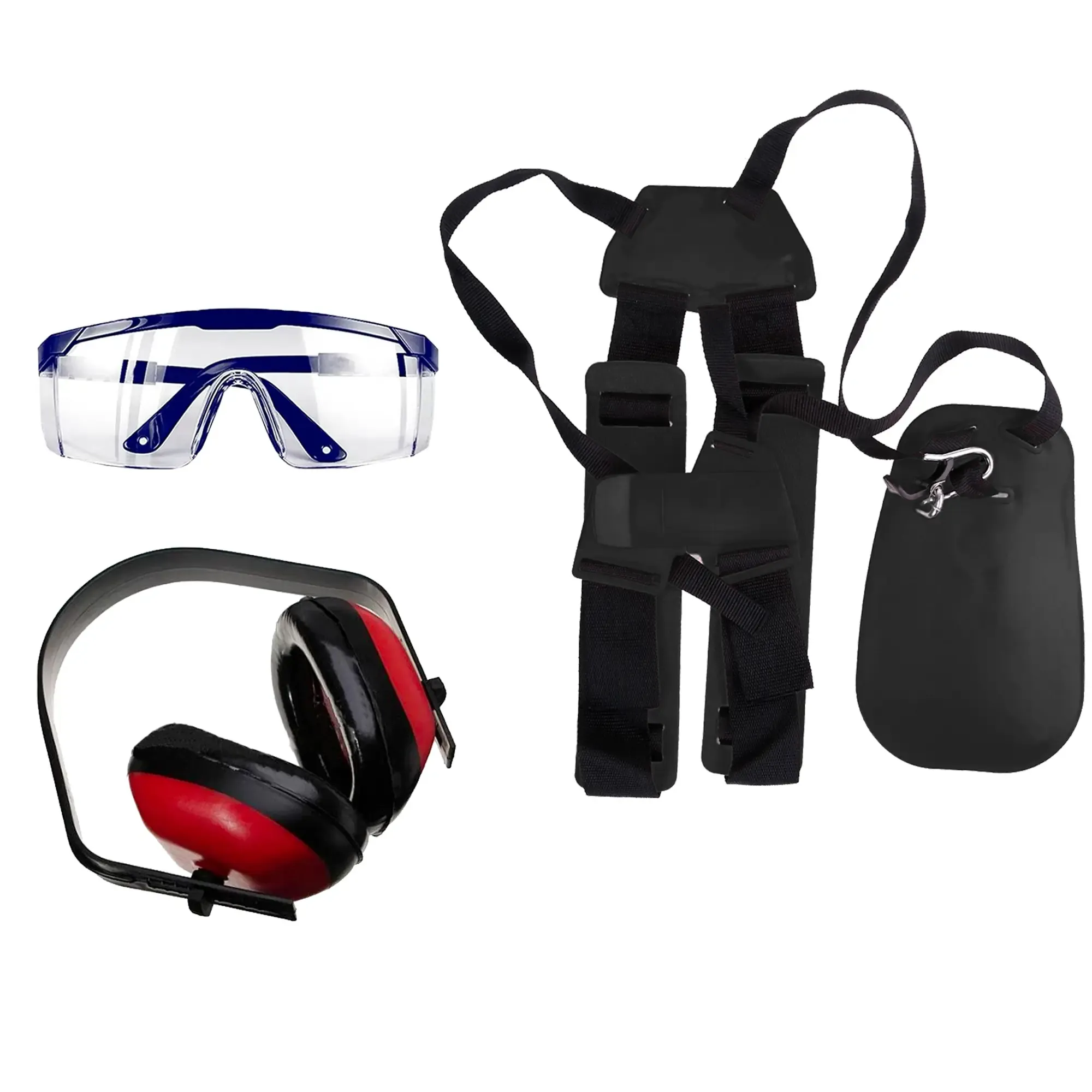 Kit Cintura Per Decespugliatore Con Occhiali Protettivi Da Lavoro e Cuffie Antirumore Set Composto Da Cinghia Doppia Tracolla Regolabile Occhiali Di Sicurezza Antigraffio Cuffie Per Proteggere Udito
