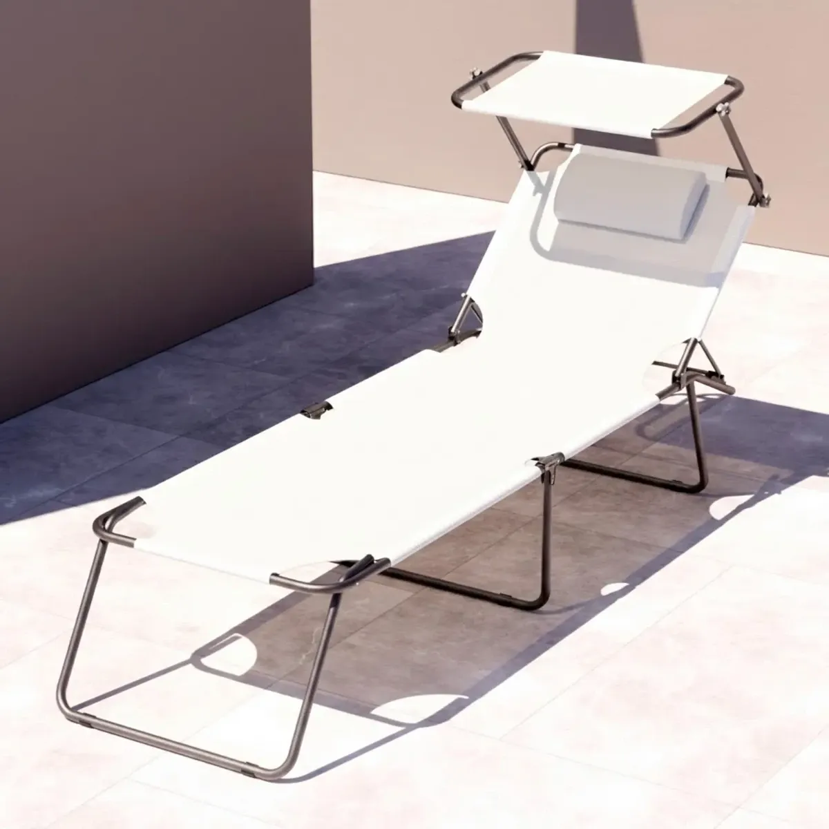 Lettino Pieghevole Con Tettuccio Regolabile Prendisole Parasole Schienale Reclinabile Regolabile Struttura In Metallo Nero Sedia Sdraio Per Spiaggia Mare Giardino Piscina 187 x 53 x 24 Cm-Bianco