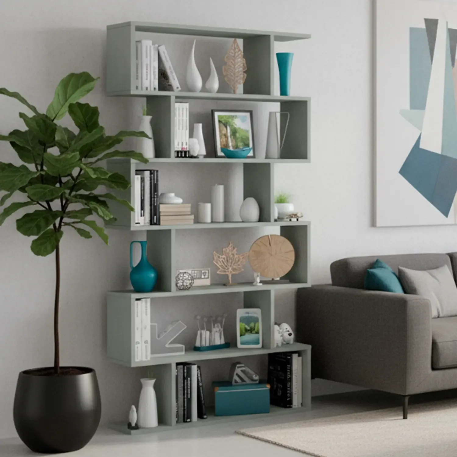 Libreria da Terra Con Mensole Zig Zag Friburgo Plus 192 x 80 x 25 Cm Grigio Cemento