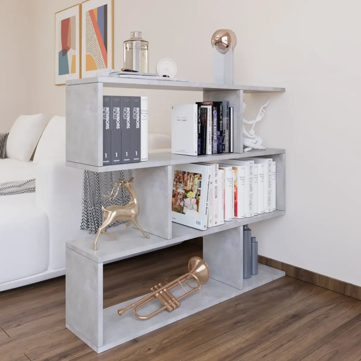 Libreria Friburgo Design Scaffale Mensola Moderna Grigio Cemento Mobile per Libri con Ripiani per Soggiorno Salotto 110 x 97 x 25 cm (Colore Grigio Cemento)