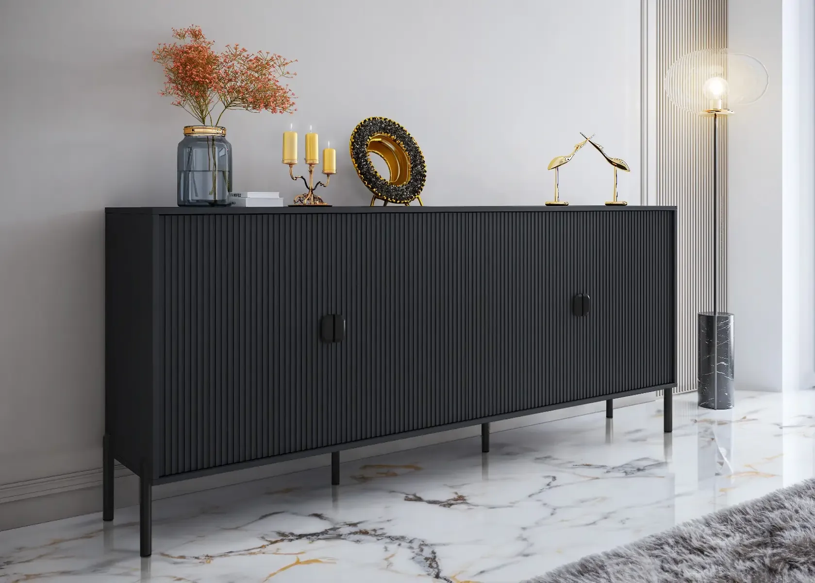 Madia Moderna Credenza In Melaminico Opaco Con 4 Ante E Piedini Alti Mobile Contenitore Design Soggiorno Salotto Sala Pranzo Ingresso Elegante Capiente 203 x 49 x 87 Cm Nero