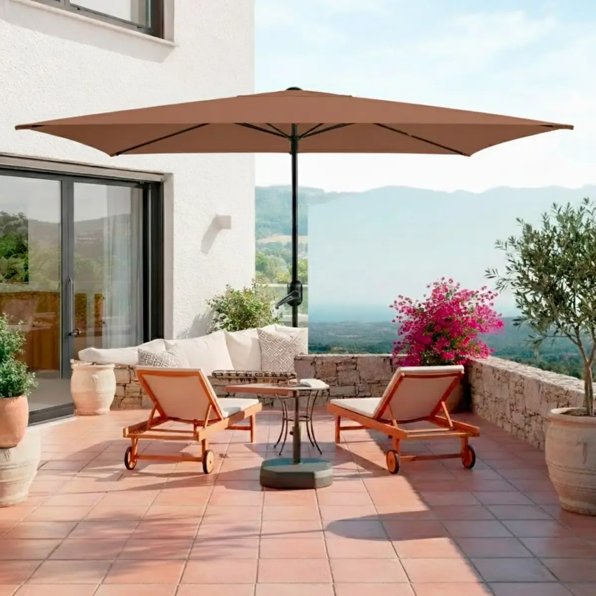 Ombrellone Rettangolare 3 x 2 M Da Giardino Parasole Per Balcone Con Air Vent Apertura A Manovella Anti UV Idrorepellente Per Mare Spiaggia Piscina Terrazzo Design Bahamas Marrone