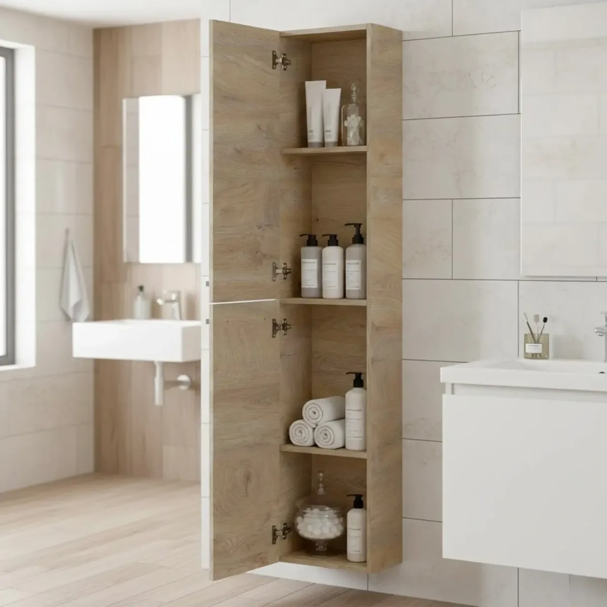 Mobile Alto Da Bagno Sospeso Con 2 Ante E 4 Mensole Interne Colonna Sospesa Moderna Salvaspazio Melaminico Chiusura Assistita Ingresso Lavanderia 150 x 30 x 25.5 Cm-Rovere-Naturale