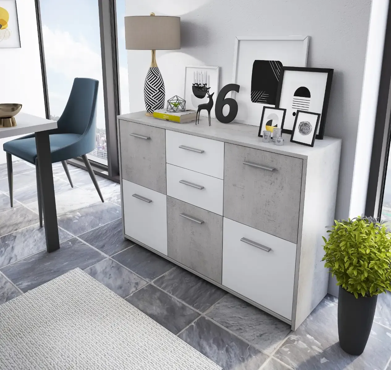 Mobile Contenitore Credenza Moderna Con 5 Ante E 2 Cassetti In Melaminico Mobile Multiuso Per Soggiorno Ingresso Studio Sala Da Pranzo 114 x 77 x 32 Cm Bianco E Grigio Cemento