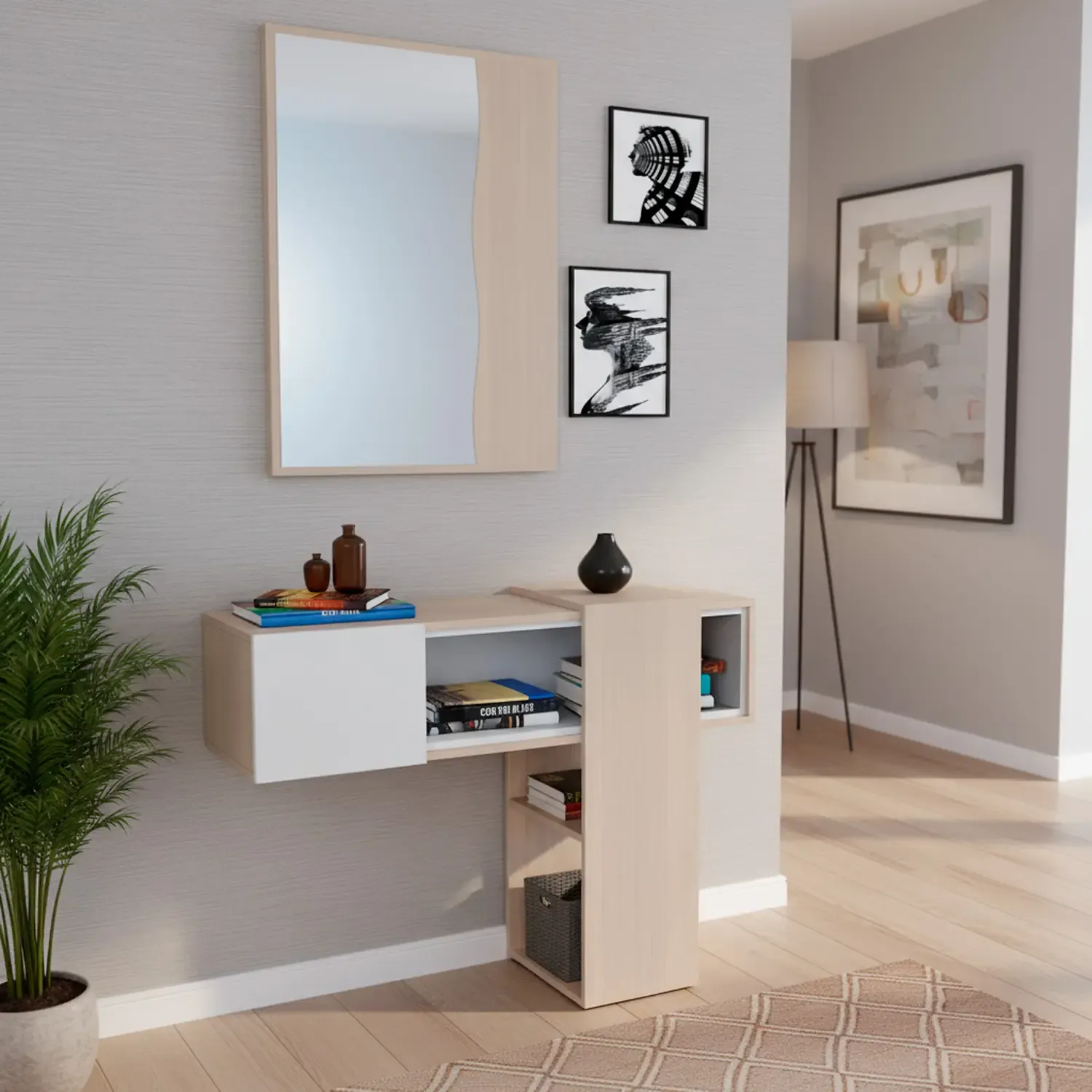 Mobile Danzica Mobiletto da Ingresso Mensola Sospesa con Specchio E Ripiani Scorrevole Arredo Arredamento Sala 100 x 31.5 x 75 cm Colore Bianco e Rovere