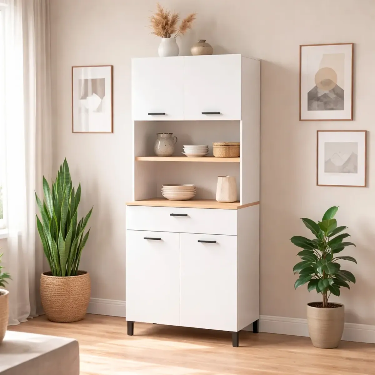 Mobile Dispensa Multiuso con 4 Ante 1 Cassetto E Vano Per Elettrodomestici Colonna Cucina Salvaspazio Moderna Con Ripiani Interni E Piano Appoggio 72 x 185 x 40 Cm-Bianco e rovere