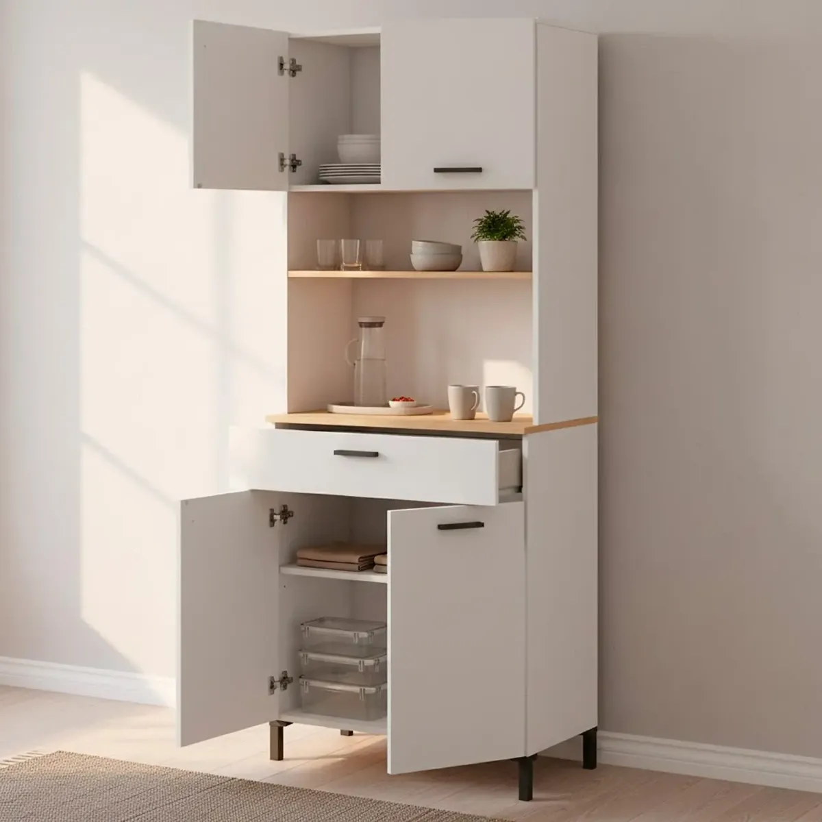 Mobile Dispensa Multiuso con 4 Ante 1 Cassetto E Vano Per Elettrodomestici Colonna Cucina Salvaspazio Moderna Con Ripiani Interni E Piano Appoggio 72 x 185 x 40 Cm