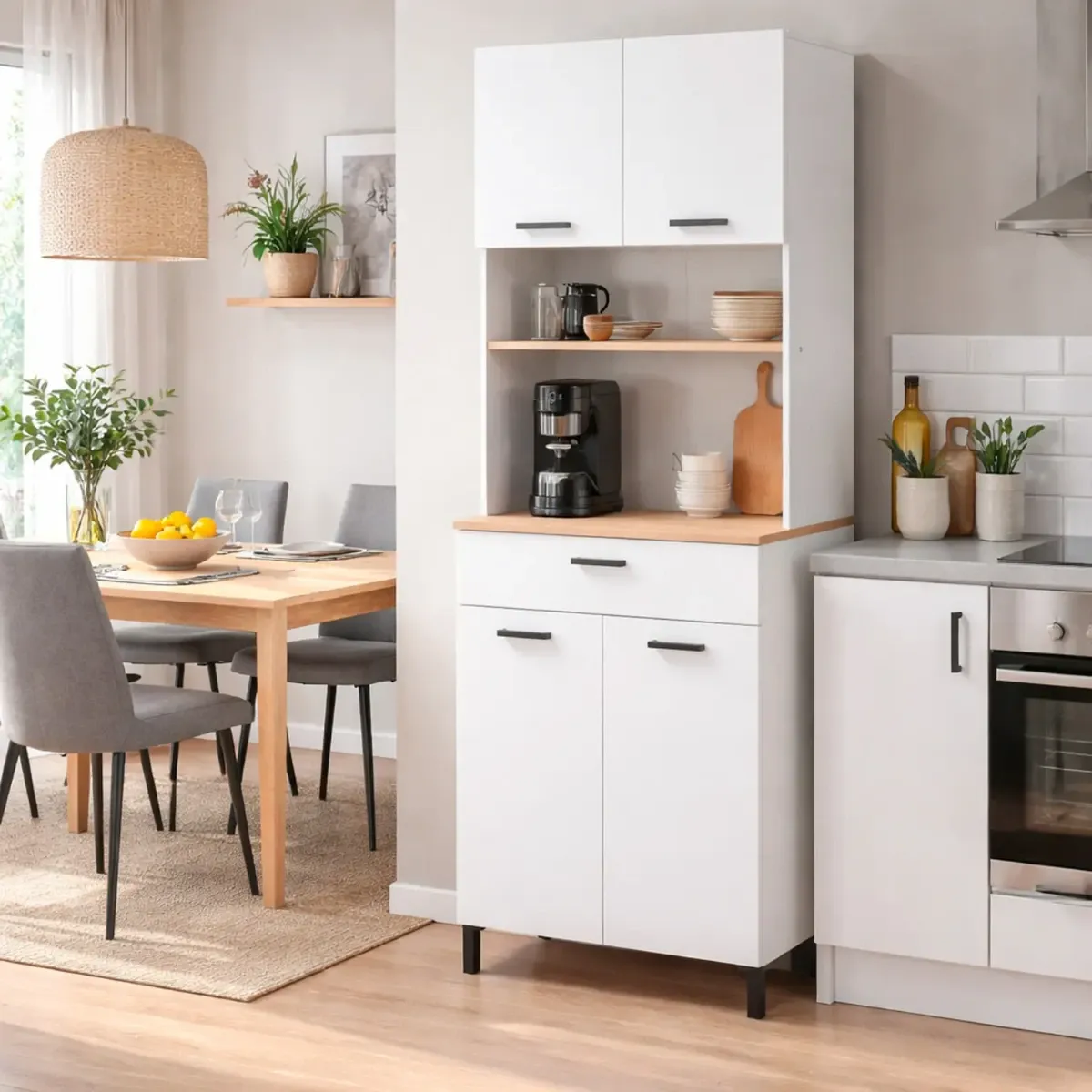 Mobile Dispensa Multiuso con 4 Ante 1 Cassetto E Vano Per Elettrodomestici Colonna Cucina Salvaspazio Moderna Con Ripiani Interni E Piano Appoggio 72 x 185 x 40 Cm