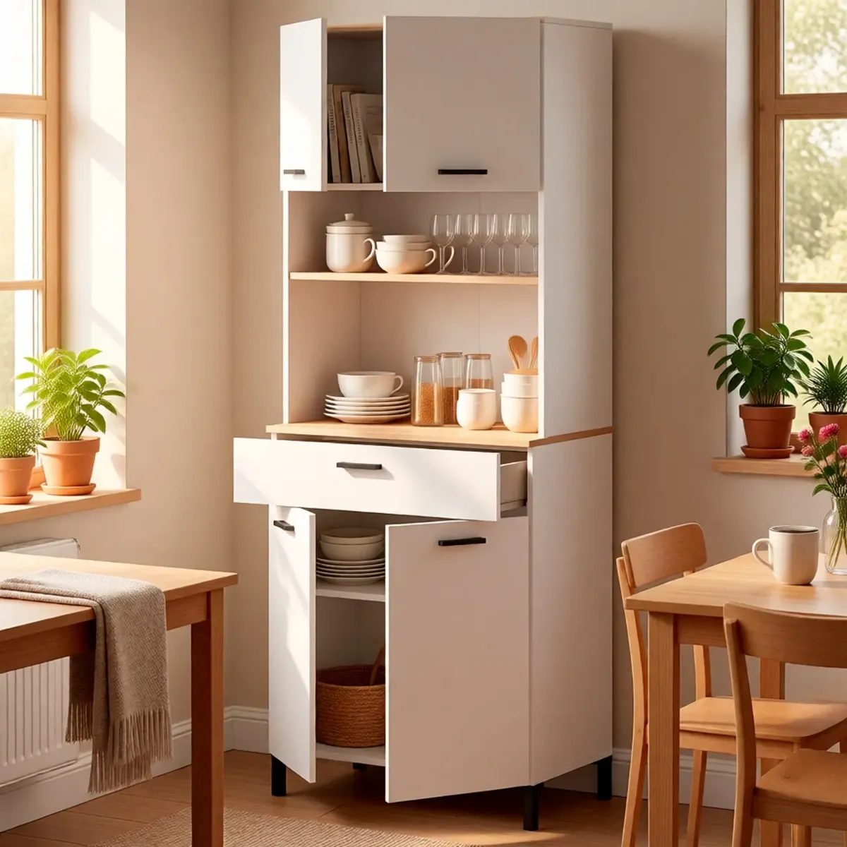 Mobile Dispensa Multiuso con 4 Ante 1 Cassetto E Vano Per Elettrodomestici Colonna Cucina Salvaspazio Moderna Con Ripiani Interni E Piano Appoggio 72 x 185 x 40 Cm