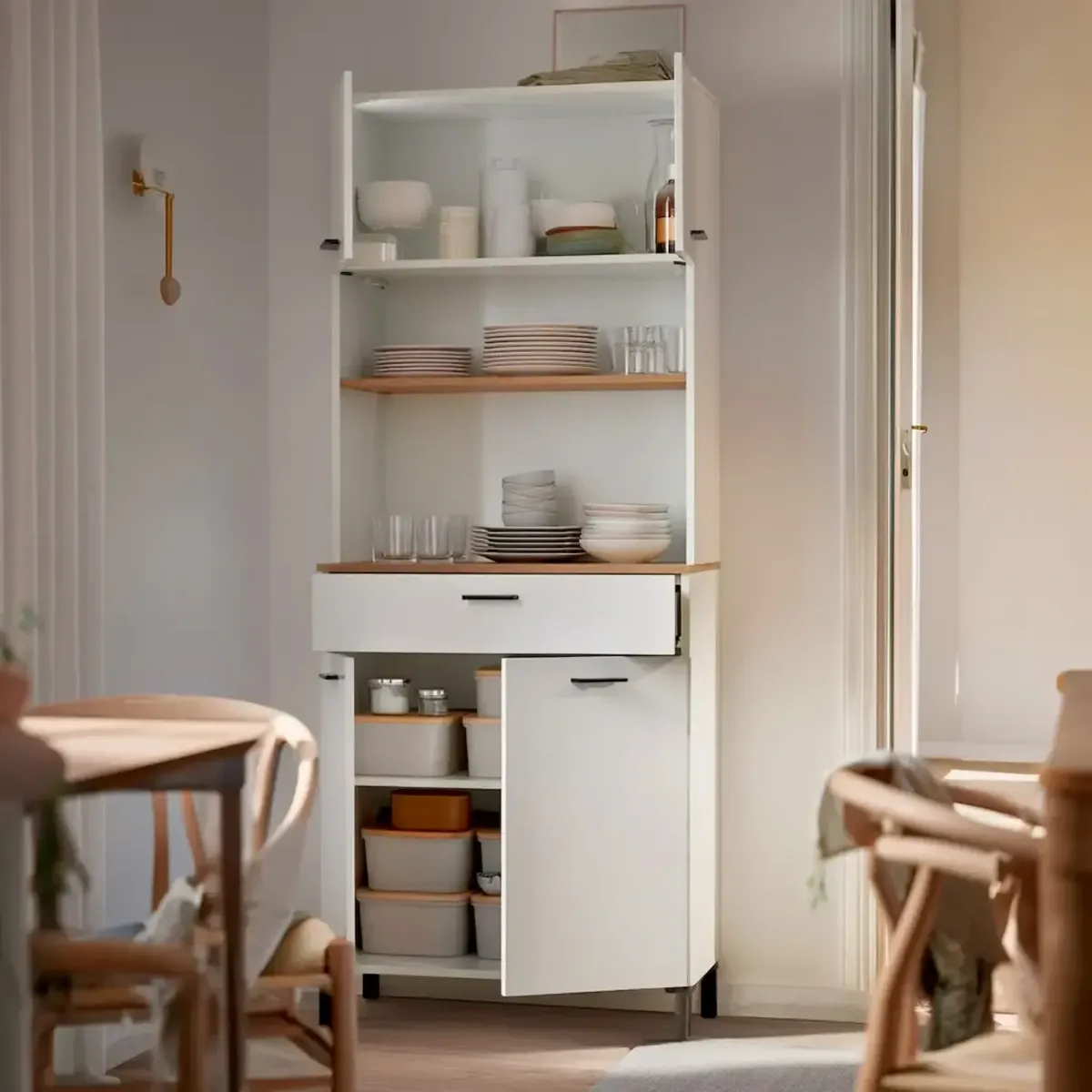 Mobile Dispensa Multiuso con 4 Ante 1 Cassetto E Vano Per Elettrodomestici Colonna Cucina Salvaspazio Moderna Con Ripiani Interni E Piano Appoggio 72 x 185 x 40 Cm