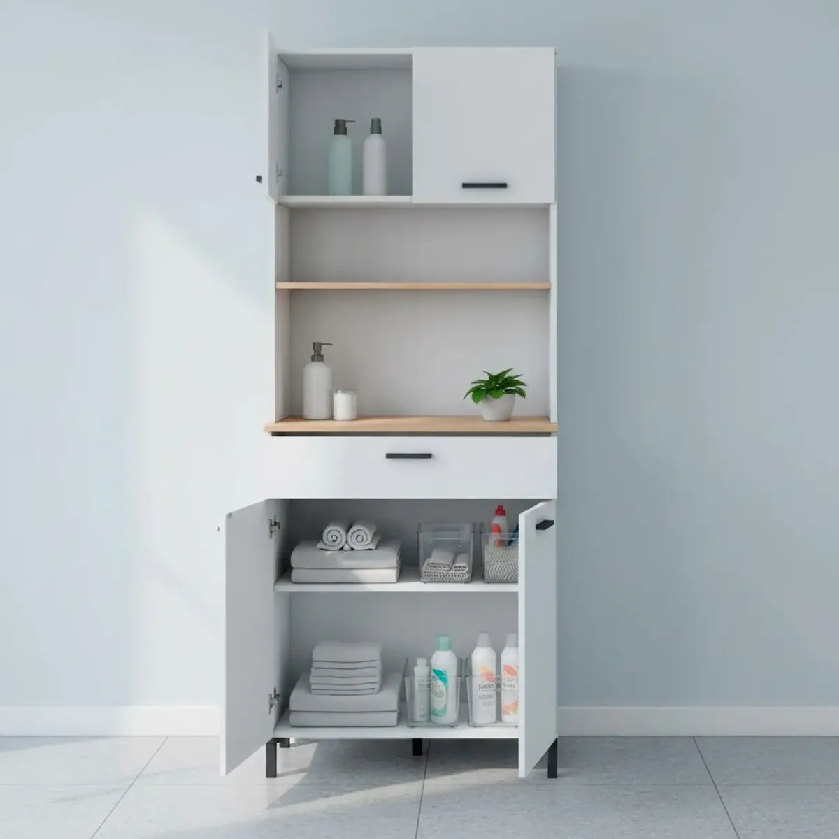 Mobile Dispensa Multiuso con 4 Ante 1 Cassetto E Vano Per Elettrodomestici Colonna Cucina Salvaspazio Moderna Con Ripiani Interni E Piano Appoggio 72 x 185 x 40 Cm