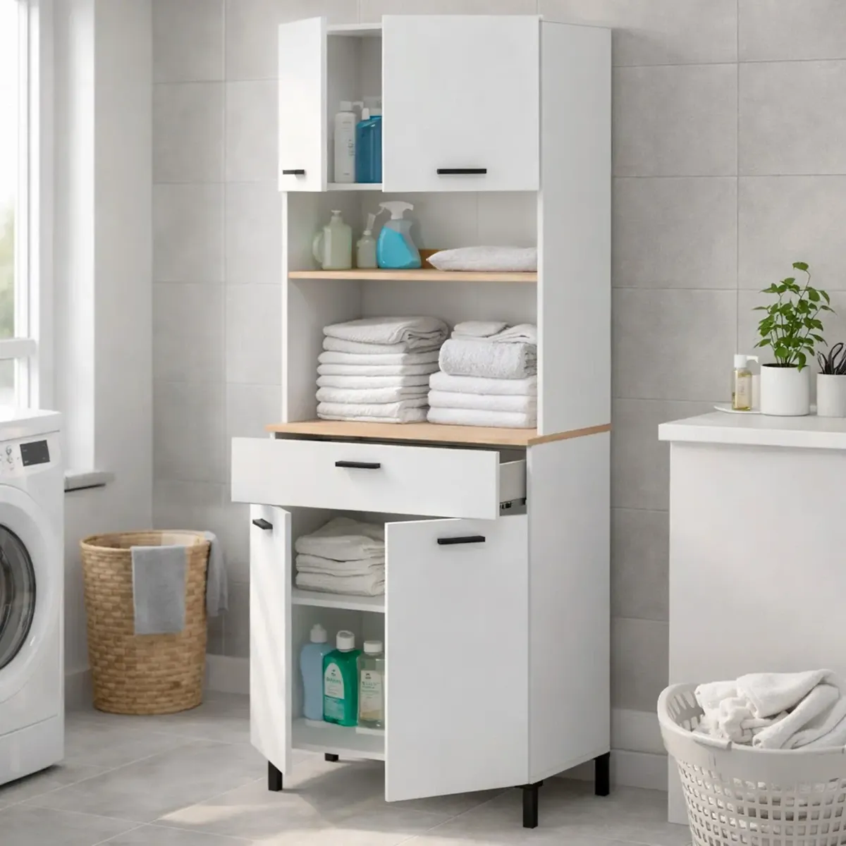 Mobile Dispensa Multiuso con 4 Ante 1 Cassetto E Vano Per Elettrodomestici Colonna Cucina Salvaspazio Moderna Con Ripiani Interni E Piano Appoggio 72 x 185 x 40 Cm