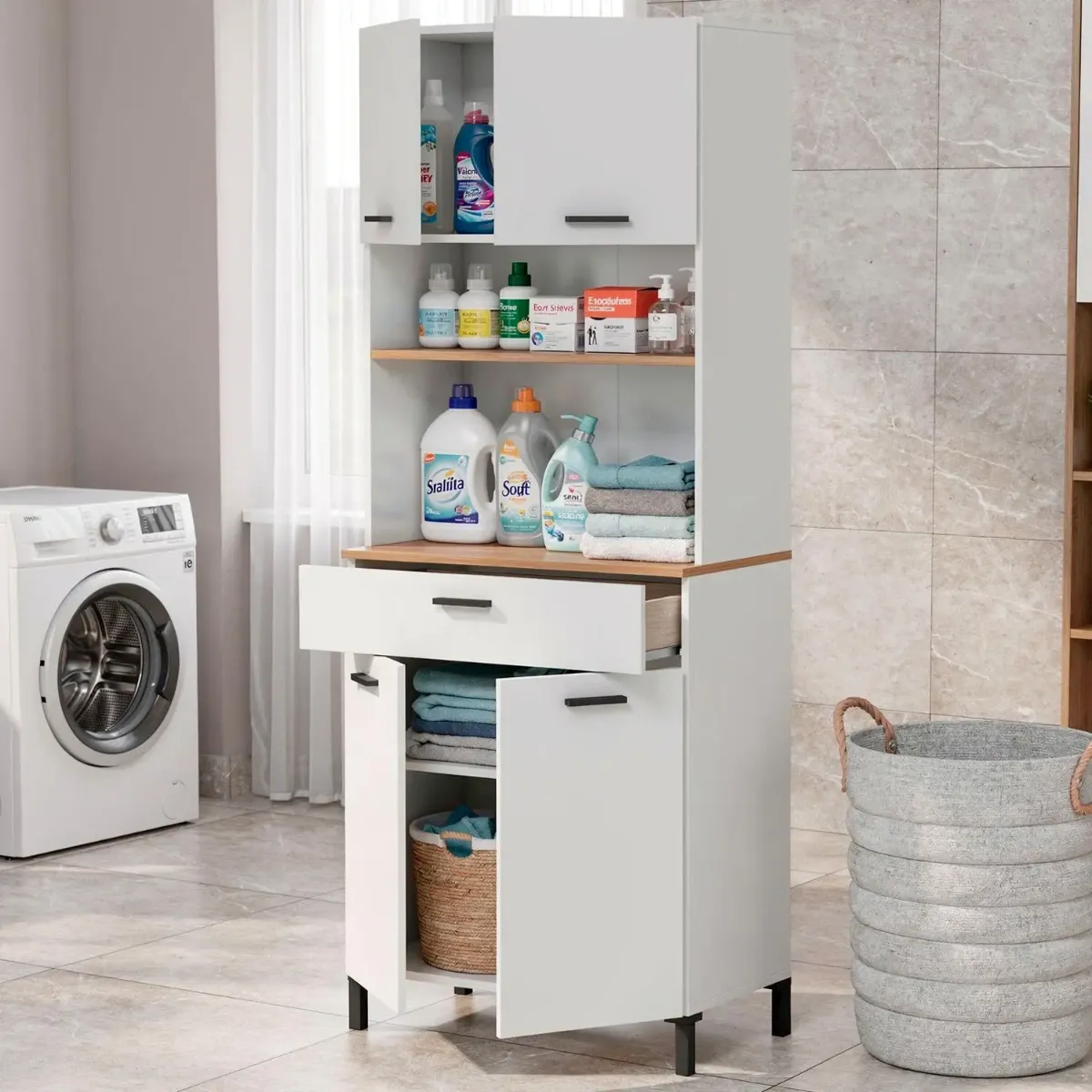 Mobile Dispensa Multiuso con 4 Ante 1 Cassetto E Vano Per Elettrodomestici Colonna Cucina Salvaspazio Moderna Con Ripiani Interni E Piano Appoggio 72 x 185 x 40 Cm